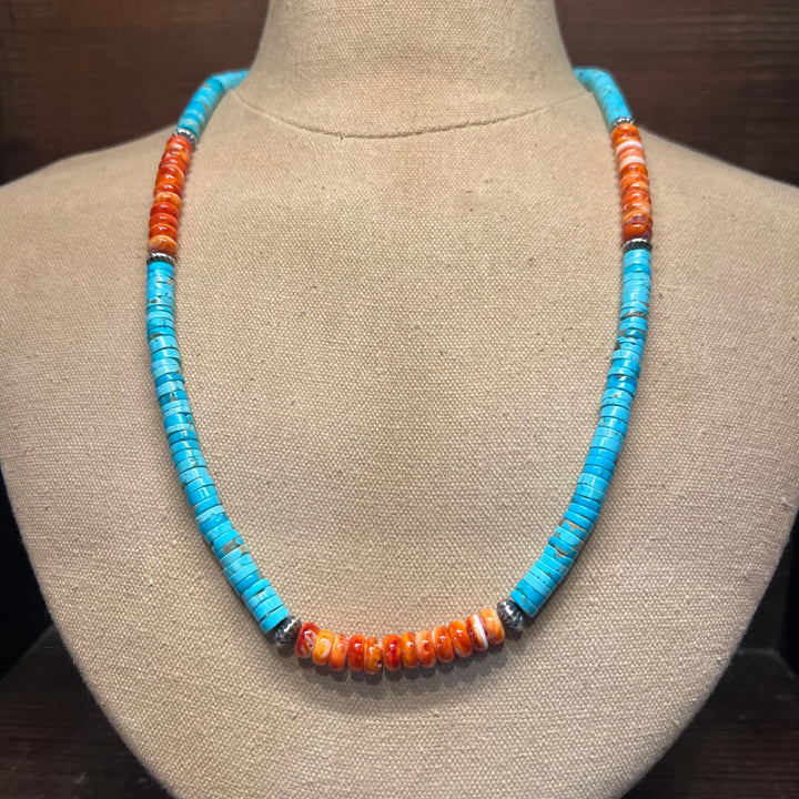 Orange Spiny Turquoise & Navajoo Pearl Necklace 24”