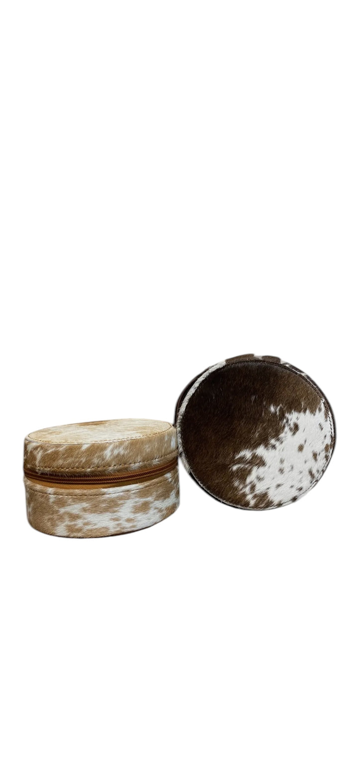 Round Brown Cowhide Leather Jewelry Box 