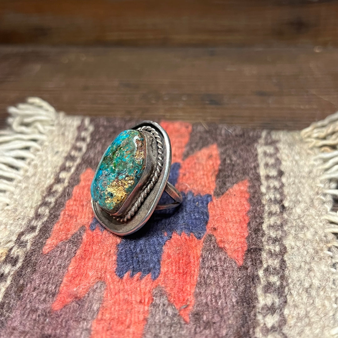 Blue Diamond Dome Nevada Turquoise Rope 1-1/2 Long Vintage 1970's Navajo Sterling Silver Ring Size 10