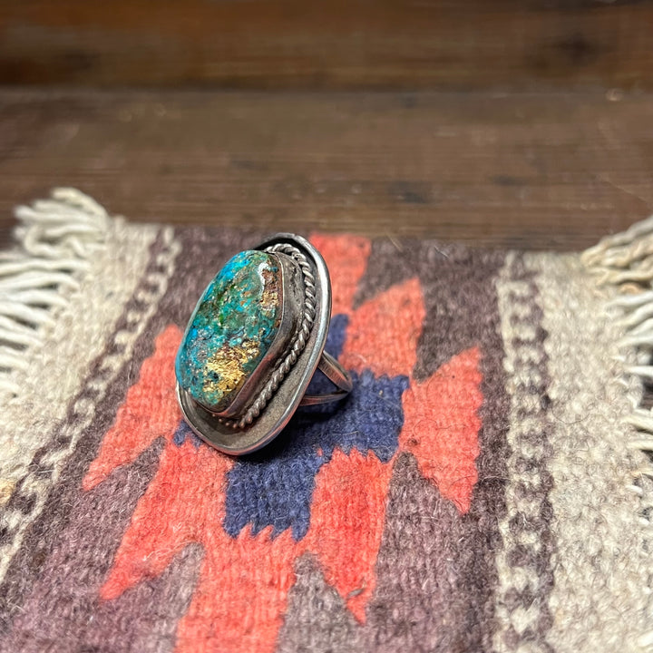 Blue Diamond Dome Nevada Turquoise Rope 1-1/2 Long Vintage 1970's Navajo Sterling Silver Ring Size 10