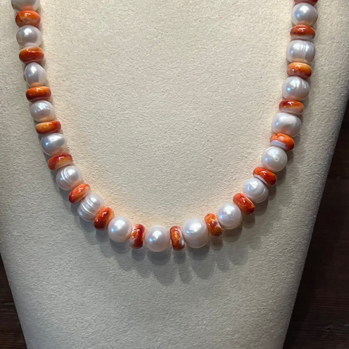 Red Spiny Oyster & Freshwater Pearls Necklace