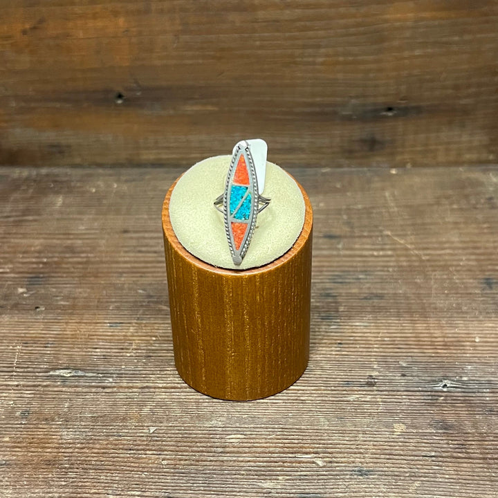 Chip Inlay Mixed Nevada Turquoise and Coral Vintage 1970's Ring