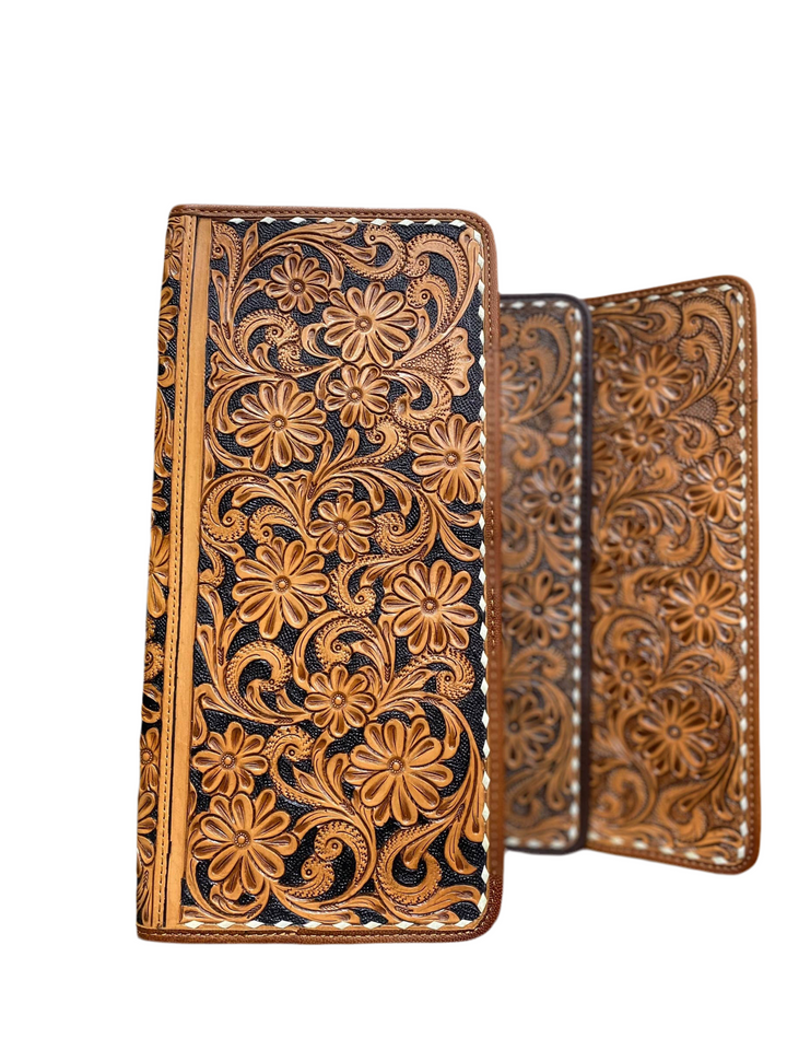 Tan & Black Tooled Leather Jewelry Wallet