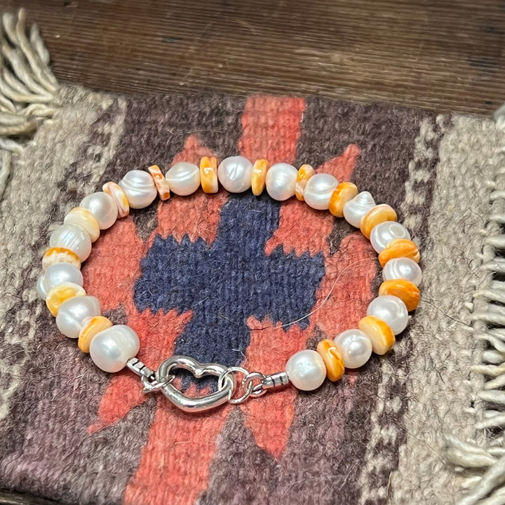 Orange Spiny & Freshwater Pearls Bracelet