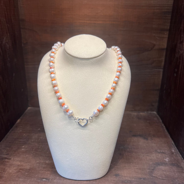 Orange Spiny Oyster & Freshwater Pearls Necklace