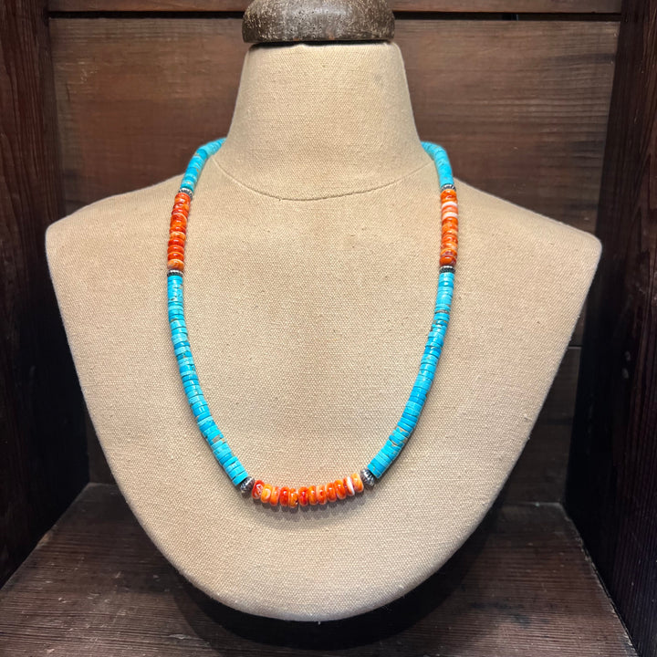 Orange Spiny Turquoise & Navajoo Pearl Necklace 24”