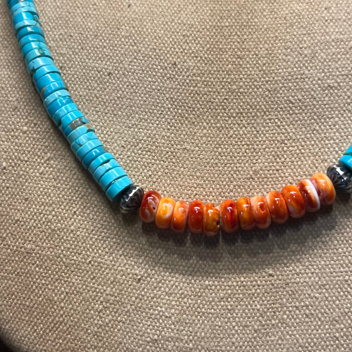 Orange Spiny Turquoise & Navajoo Pearl Necklace 24”
