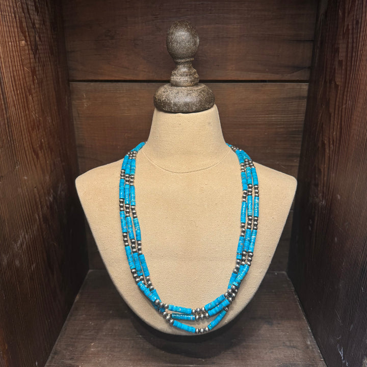 Turquoise and 6mm Navajo Pearl Multi Strand 28” Nacklace