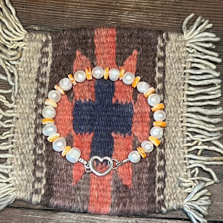 Orange Spiny & Freshwater Pearls Bracelet