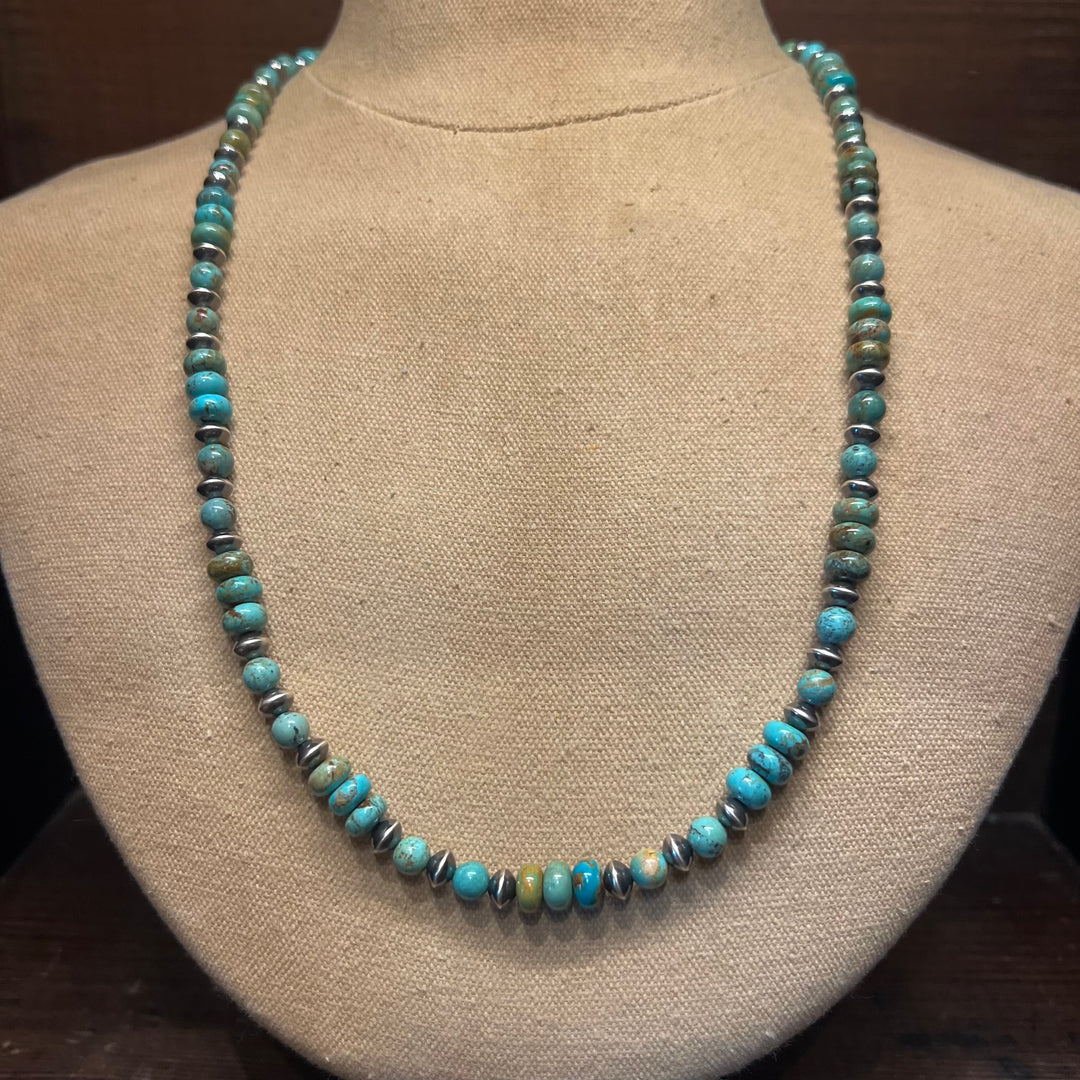 Campitos Rondelle Turquoise & 8mm Navajo Saucer Necklace 24”