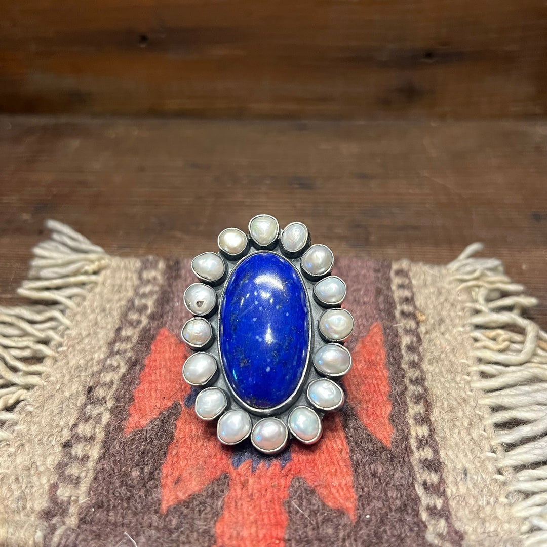 Lapis & fresh water Oval Cluster Adjustable Ring