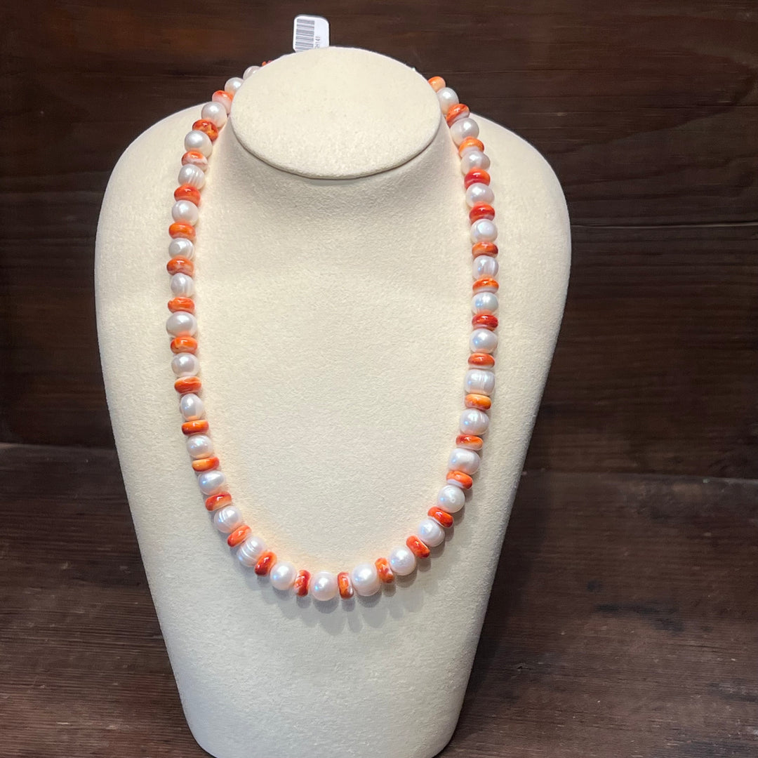 Red Spiny Oyster & Freshwater Pearls Necklace
