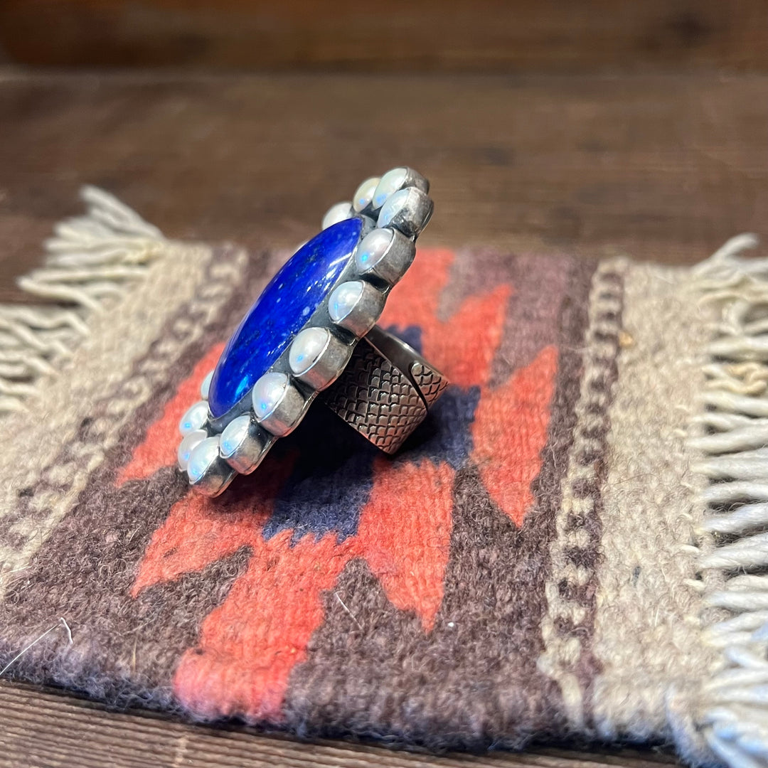 Lapis & fresh water Oval Cluster Adjustable Ring