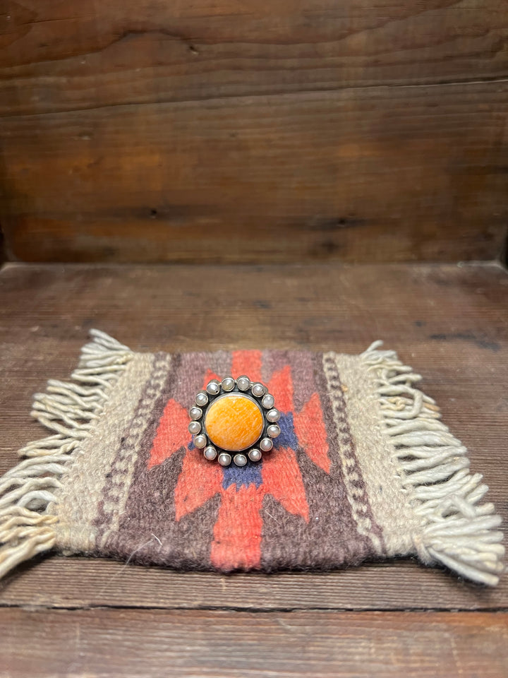 Orange Spiny & Fresh Water Cluster Adjustable Ring