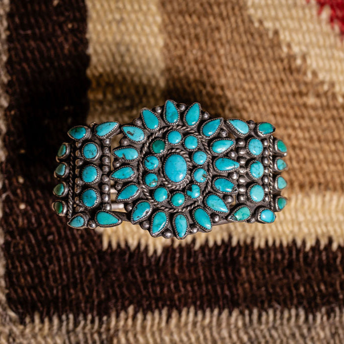 Vintage Zuni Morenci Turquoise Cluster Cuff, c.1940
