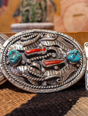 Turquoise & Coral Chip Inlay Belt Buckle