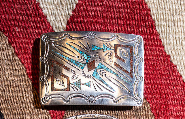 Turquoise & Coral Chip Inlay Belt Buckle