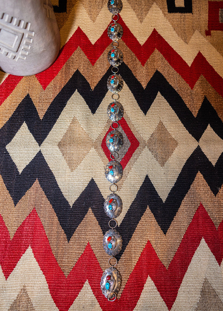 Vintage Sterling Turquoise & Coral Concho Belt