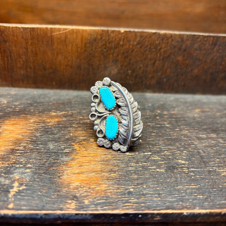 Arizona Turquoise Leaf 2 Stone 1-1/2 Long Vintage 1970's Navajo Sterling Silver Ring Size 10.5