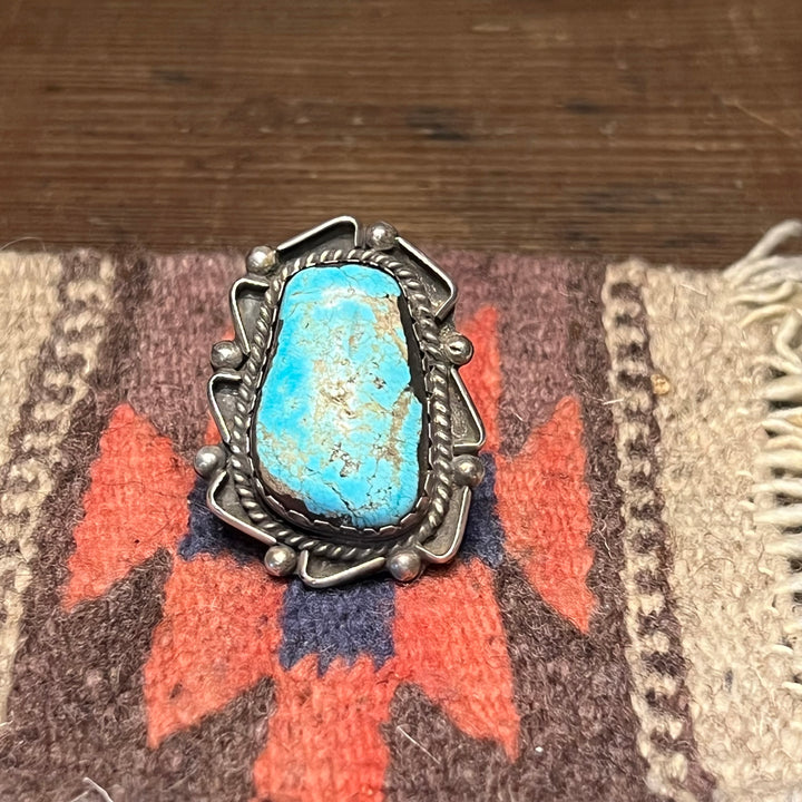 Arizona Turquoise Large 1-7/8 Long Vintage 1970's Navajo Sterling Silver Ring Size