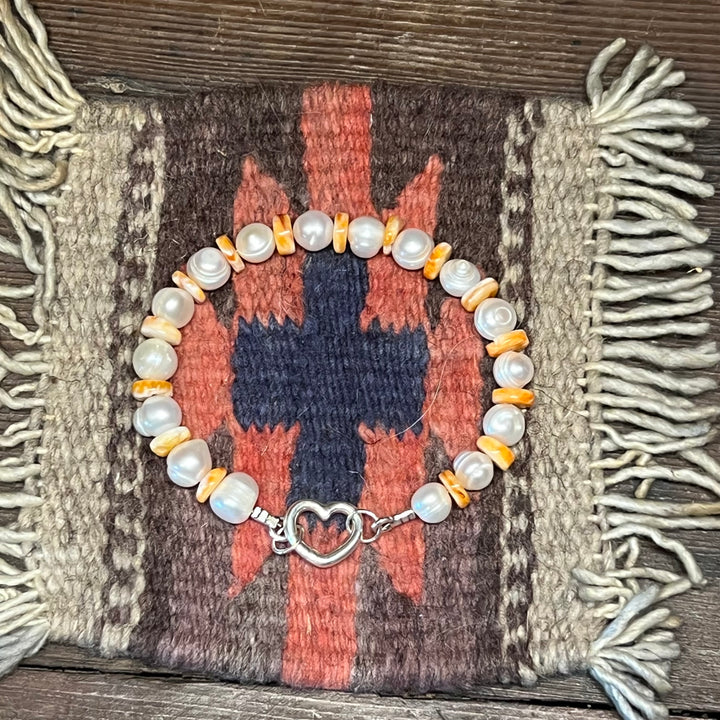 Orange Spiny & Freshwater Pearls Bracelet