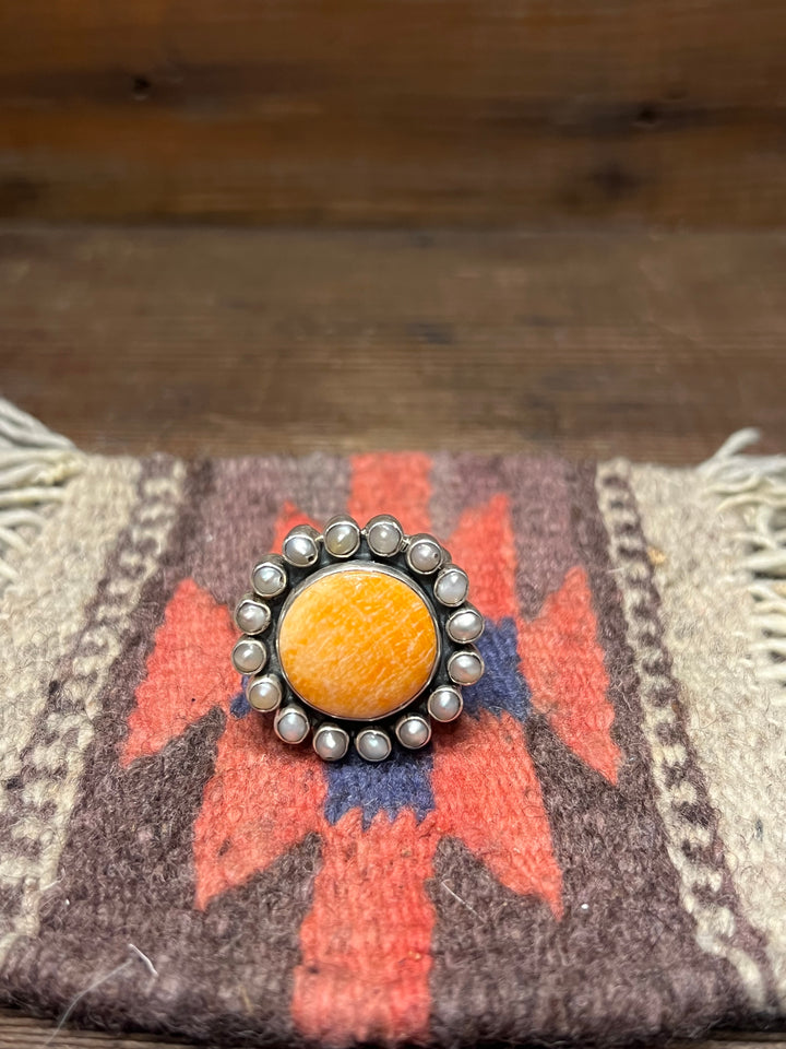 Orange Spiny & Fresh Water Cluster Adjustable Ring