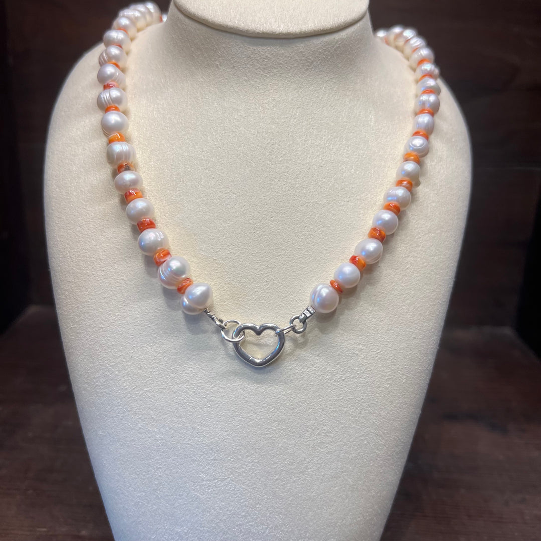Orange Spiny Oyster & Freshwater Pearls Necklace