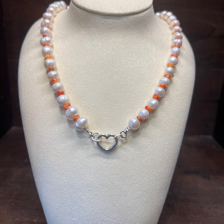 Orange Spiny Oyster & Freshwater Pearls Necklace