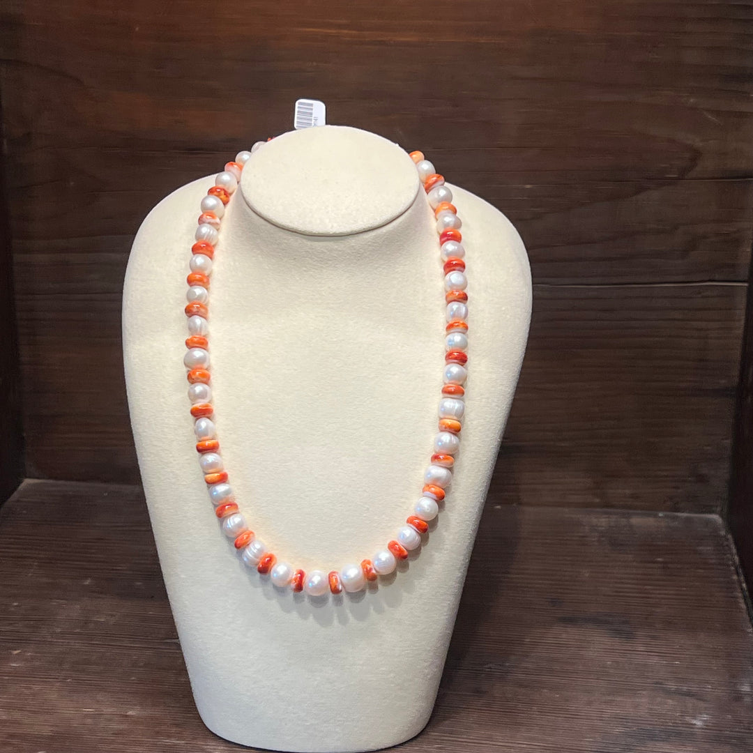 Red Spiny Oyster & Freshwater Pearls Necklace