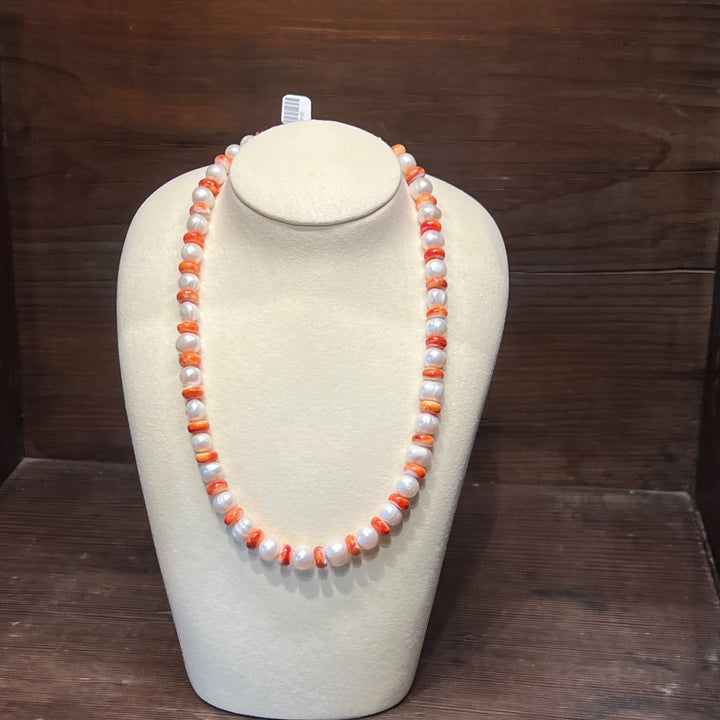 Red Spiny Oyster & Freshwater Pearls Necklace