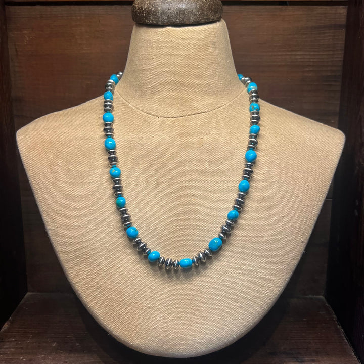 Turquoise & Navajo Pearl Saucers Necklace 22”