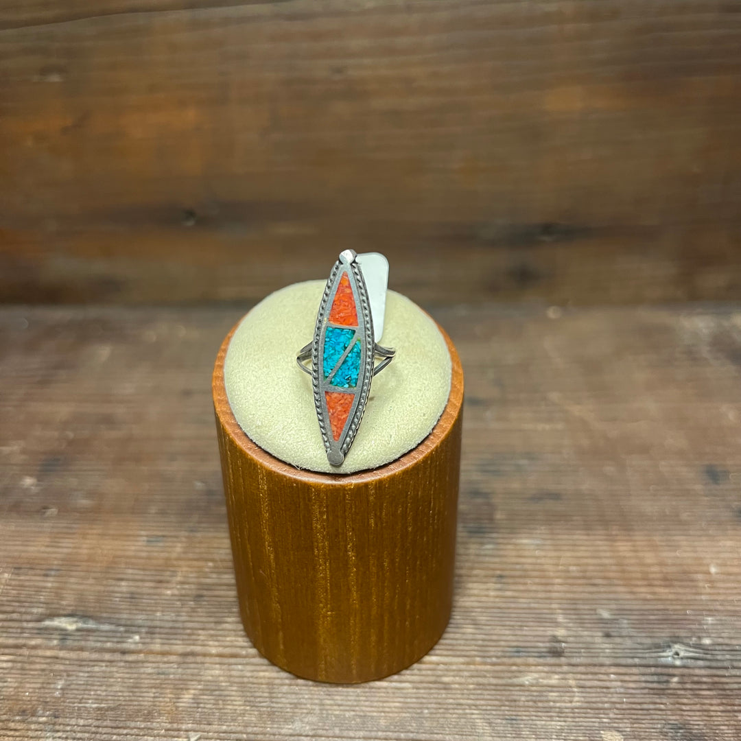 Chip Inlay Mixed Nevada Turquoise and Coral Vintage 1970's Ring