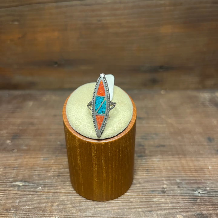 Chip Inlay Mixed Nevada Turquoise and Coral Vintage 1970's Ring