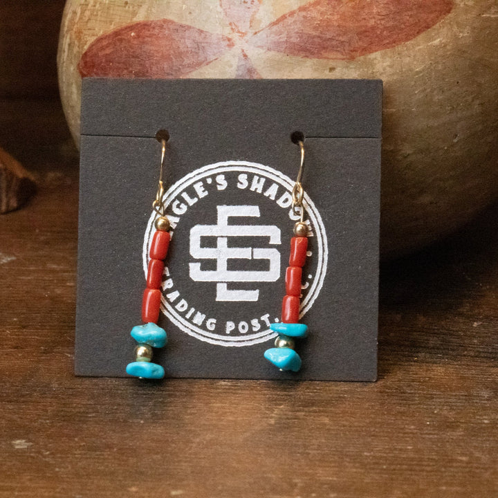 Mediterranean Coral and Turquoise with 14K Yellow Gold Beads Earrings