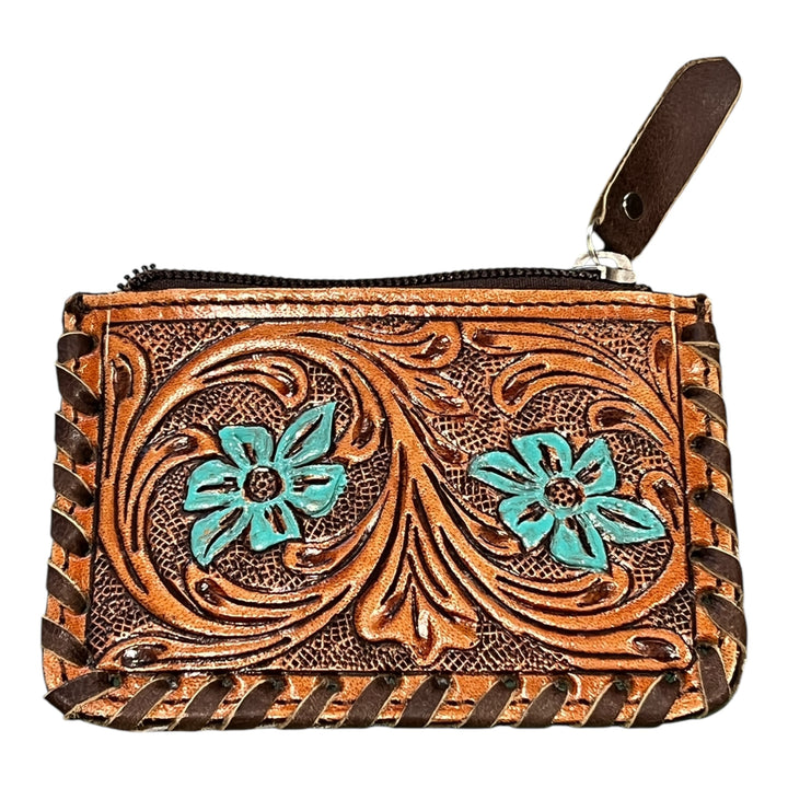 Tooled Leather, Flower Design & Cowhide Coin Pouch 
