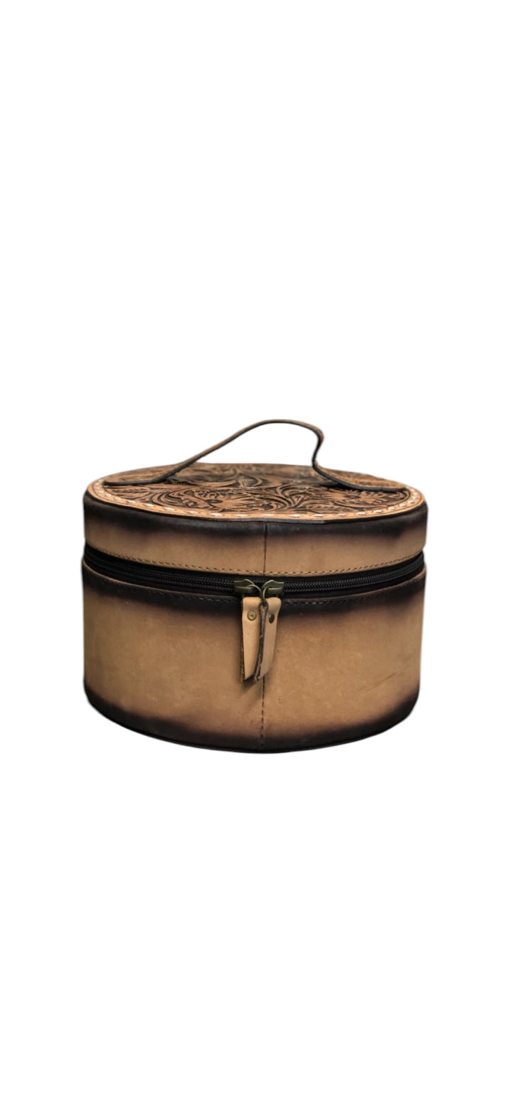 Round Burned Leather Jewelry Box