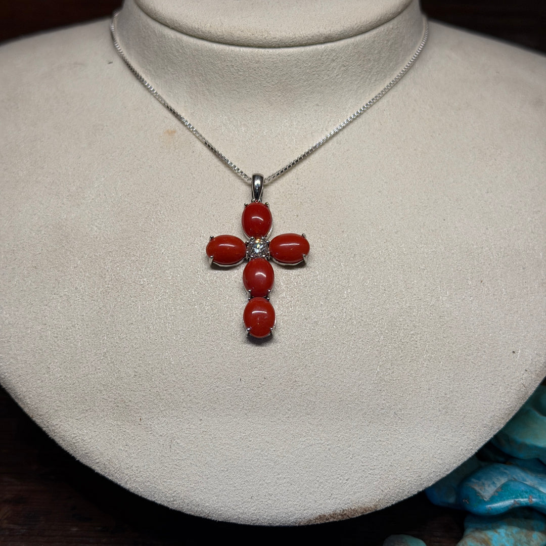 14K White Gold Mediterranean Coral Cross with Diamond Pendant