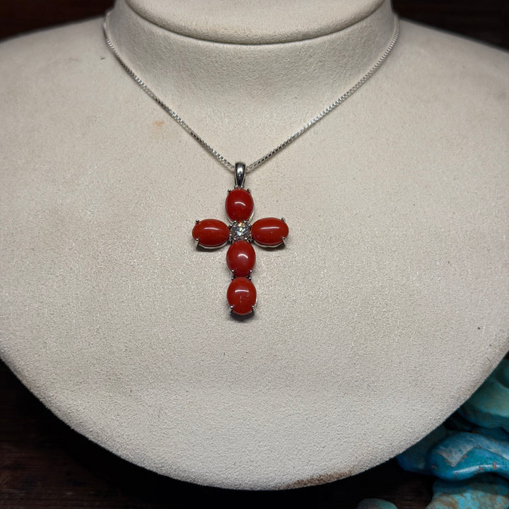 14K White Gold Mediterranean Coral Cross with Diamond Pendant