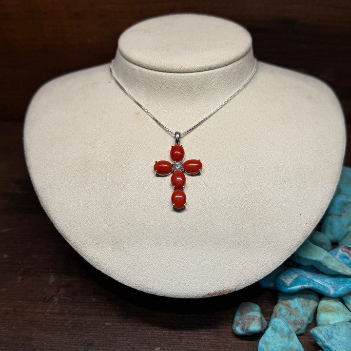 14K White Gold Mediterranean Coral Cross with Diamond Pendant