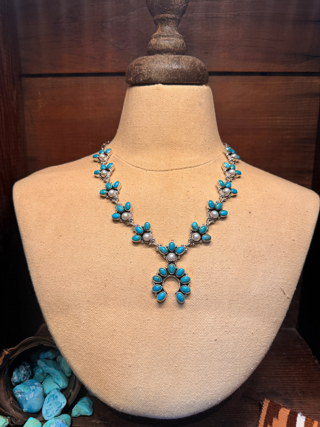Kingman Turquoise &amp; Fresh Water Pearl Mini Squash Necklace