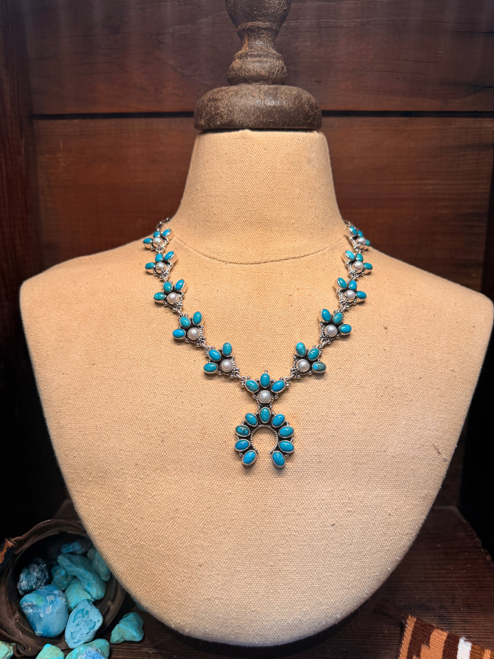 Kingman Turquoise &amp; Fresh Water Pearl Mini Squash Necklace