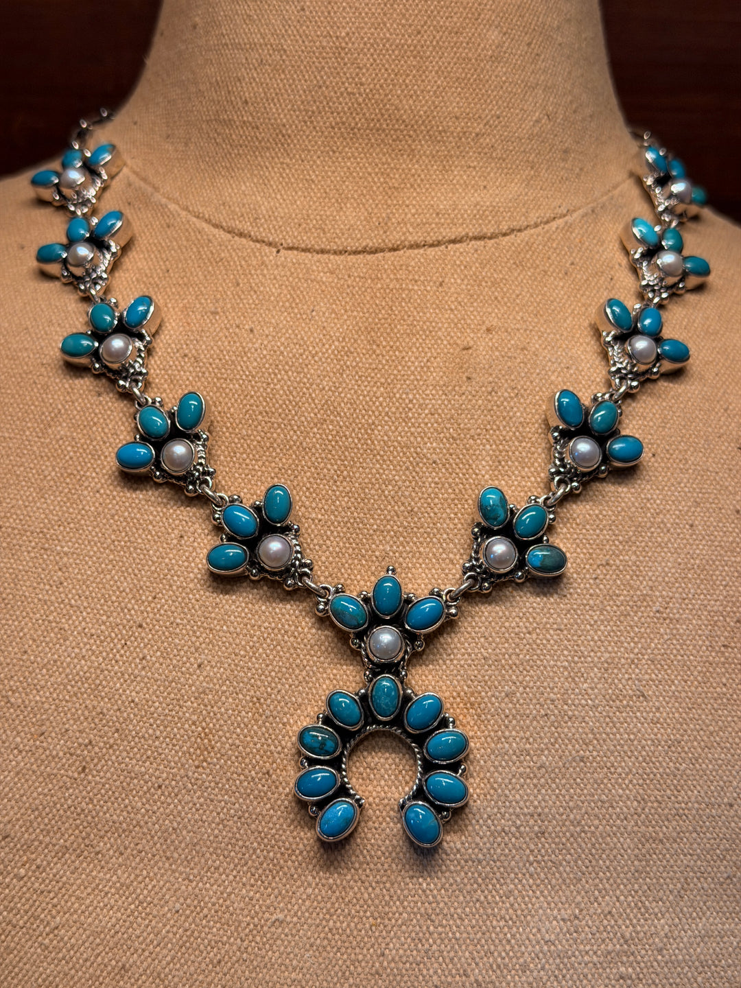 Kingman Turquoise &amp; Fresh Water Pearl Mini Squash Necklace