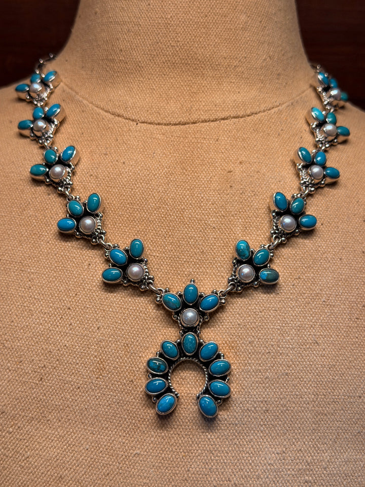 Kingman Turquoise &amp; Fresh Water Pearl Mini Squash Necklace