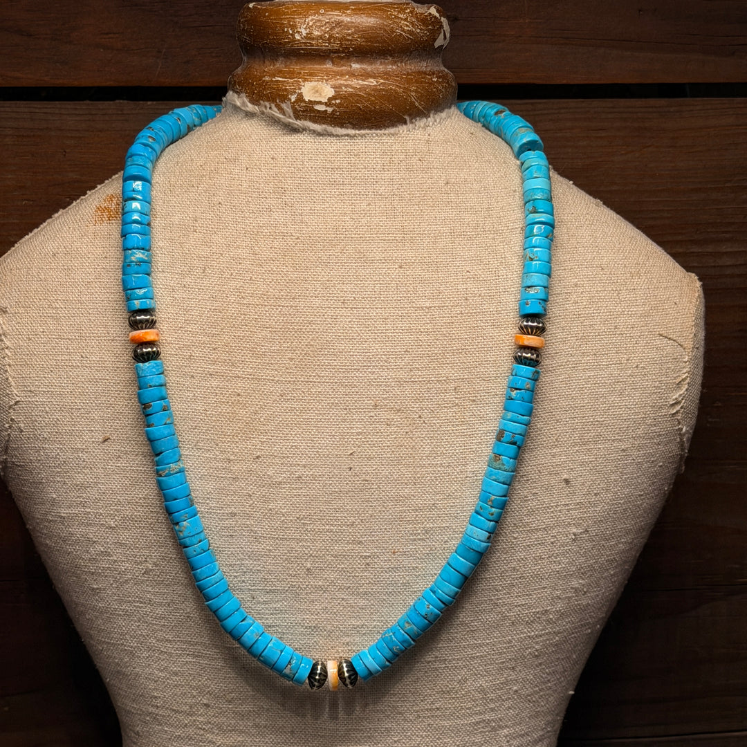Turquoise Heshi Necklace with Orange Spiny Oyster & Navajo Pearls
