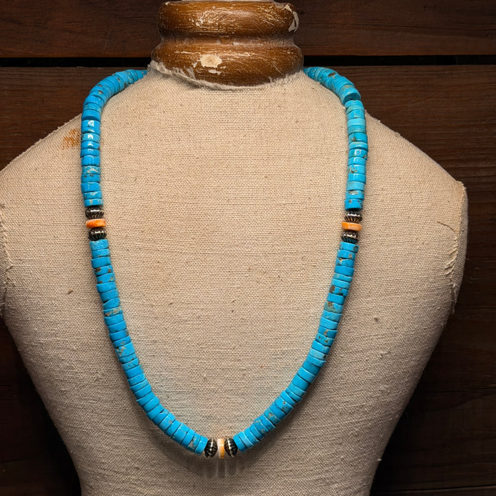 Turquoise Heshi Necklace with Orange Spiny Oyster & Navajo Pearls
