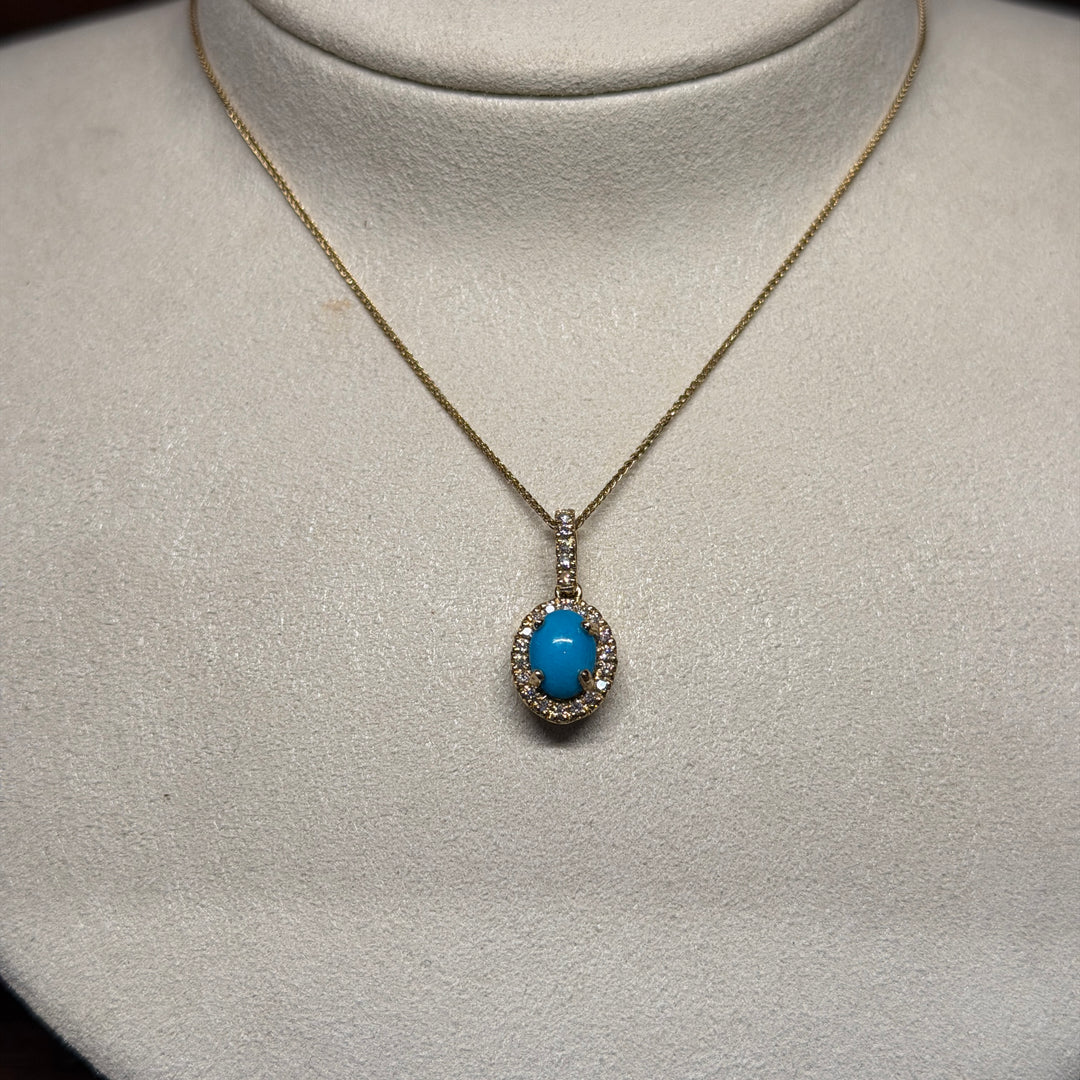 14K Gold Turquoise & Diamond Halo Pendant
