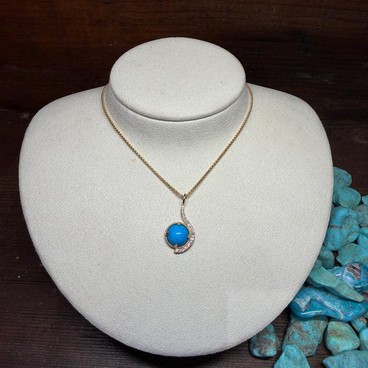 14K Gold Sleeping Beauty Turquoise Diamond Crescent Pendant
