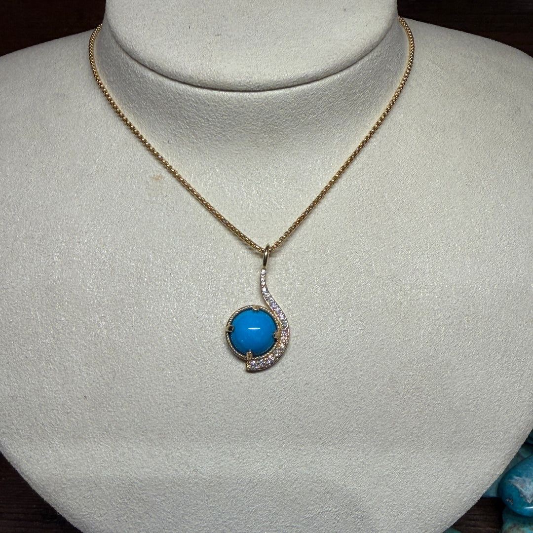 14K Gold Sleeping Beauty Turquoise Diamond Crescent Pendant