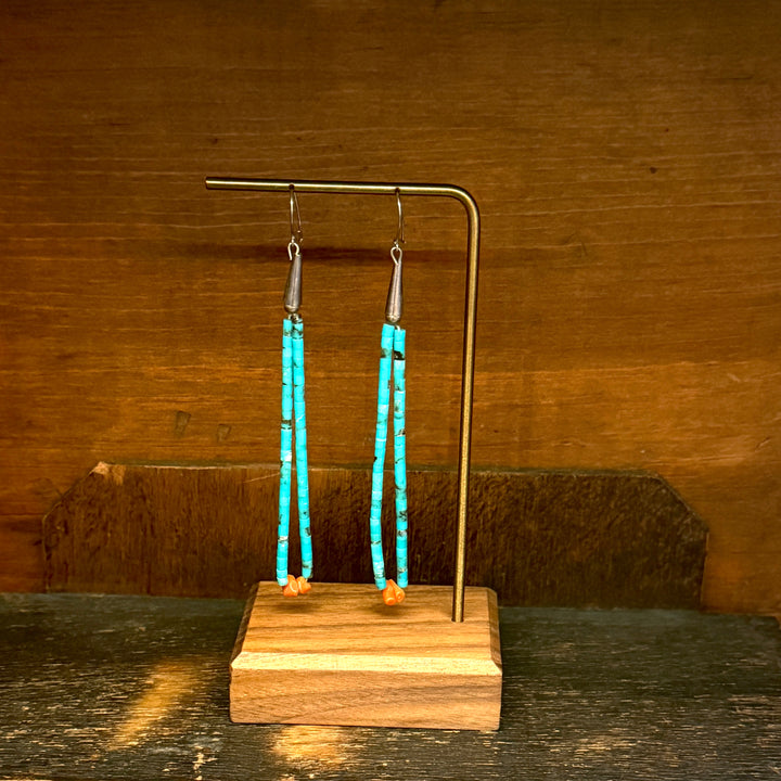 Turquoise Heishi and Coral Sterling Silver Long Earrings