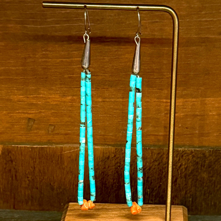 Turquoise Heishi and Coral Sterling Silver Long Earrings